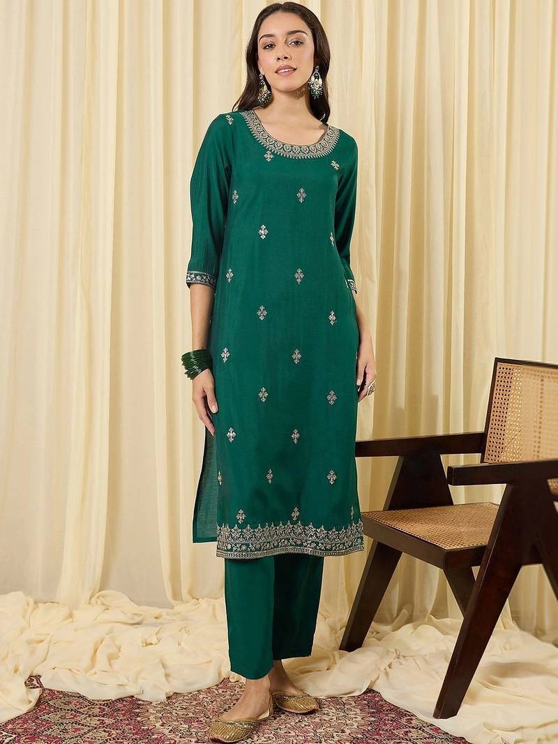 women ethnic motifs embroidered regular thread work kurta with trousers & with dupatta