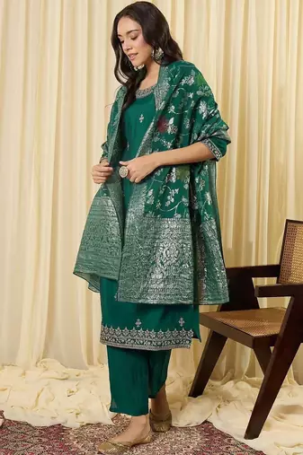 women ethnic motifs embroidered regular thread work kurta with trousers & with dupatta