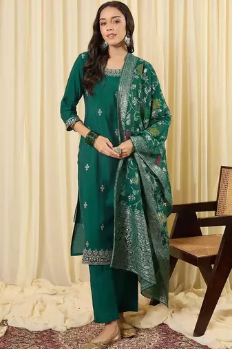 women ethnic motifs embroidered regular thread work kurta with trousers & with dupatta
