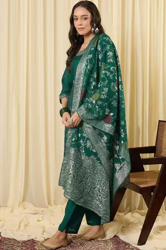 women ethnic motifs embroidered regular thread work kurta with trousers & with dupatta