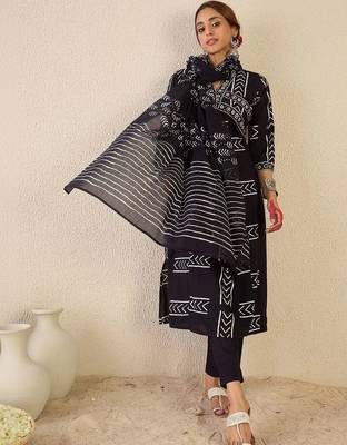 women printed empire cotton kurta with trousers & with dupatta 1
