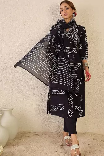 women printed empire cotton kurta with trousers & with dupatta