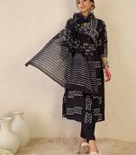 women printed empire cotton kurta with trousers & with dupatta