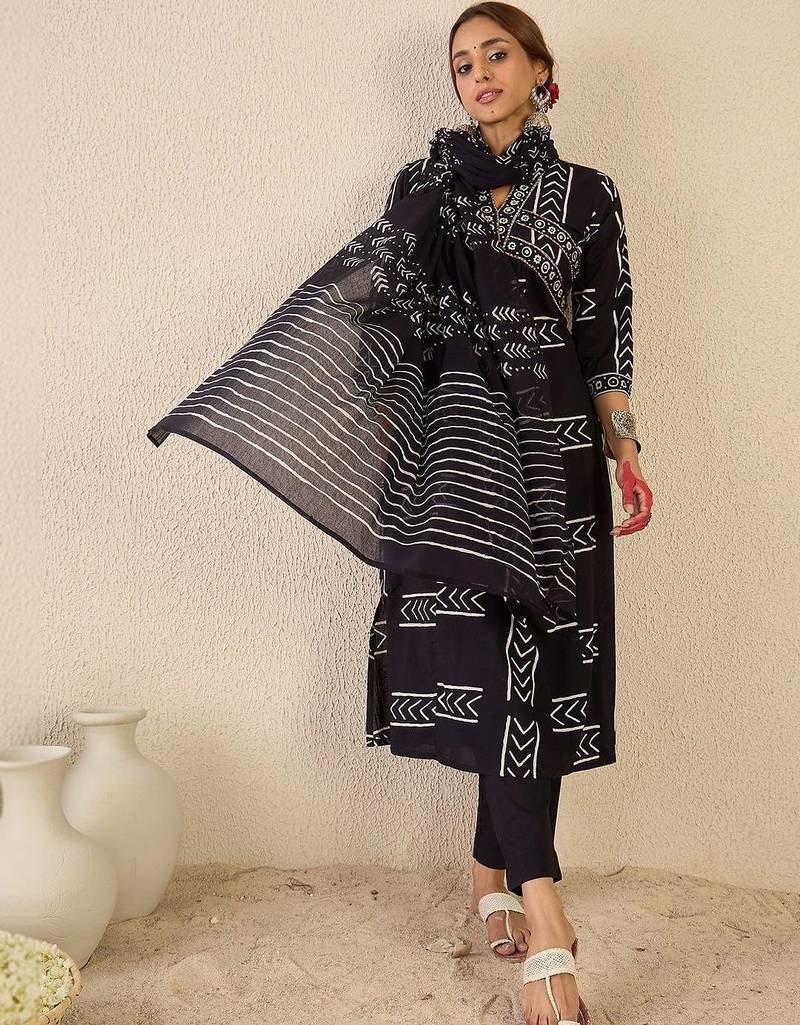 women printed empire cotton kurta with trousers & with dupatta