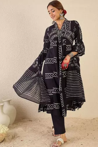 women printed empire cotton kurta with trousers & with dupatta