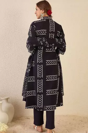 women printed empire cotton kurta with trousers & with dupatta