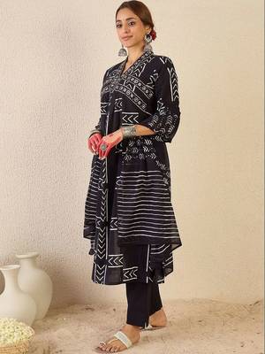 women printed empire cotton kurta with trousers & with dupatta 7