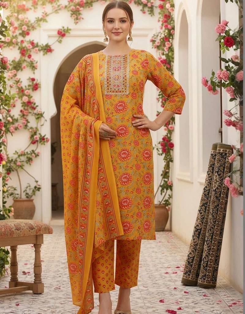 women floral printed regular thread work kurta with trousers & with dupatta