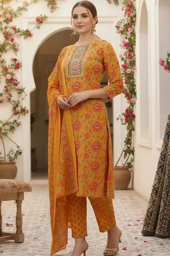 women floral printed regular thread work kurta with trousers & with dupatta