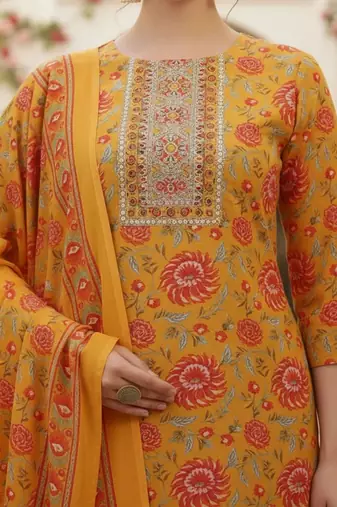 women floral printed regular thread work kurta with trousers & with dupatta