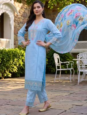 women ethnic motifs embroidered regular thread work cotton kurta with trousers & with dupatta 1