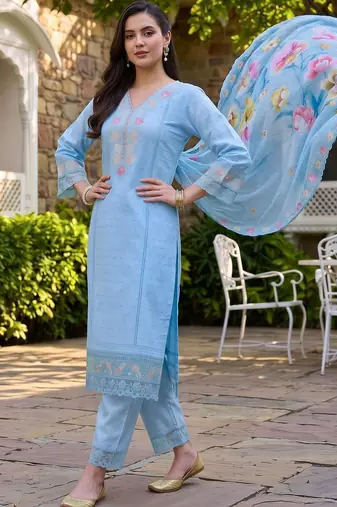 women ethnic motifs embroidered regular thread work cotton kurta with trousers & with dupatta