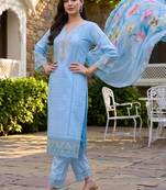 women ethnic motifs embroidered regular thread work cotton kurta with trousers & with dupatta