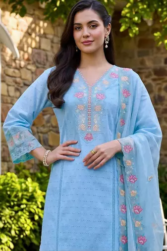 women ethnic motifs embroidered regular thread work cotton kurta with trousers & with dupatta