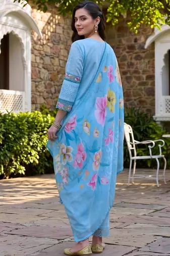 women ethnic motifs embroidered regular thread work cotton kurta with trousers & with dupatta