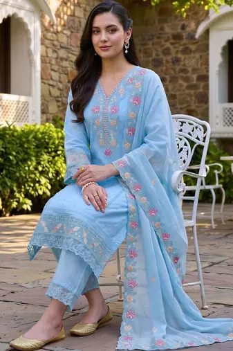 women ethnic motifs embroidered regular thread work cotton kurta with trousers & with dupatta