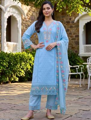 women ethnic motifs embroidered regular thread work cotton kurta with trousers & with dupatta 6