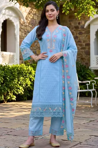 women ethnic motifs embroidered regular thread work cotton kurta with trousers & with dupatta