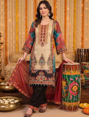women ethnic motifs printed regular kurta with trousers & with dupatta 1