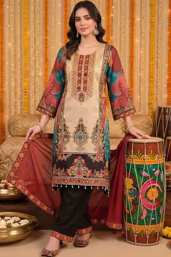 women ethnic motifs printed regular kurta with trousers & with dupatta