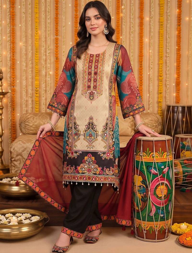 women ethnic motifs printed regular kurta with trousers & with dupatta