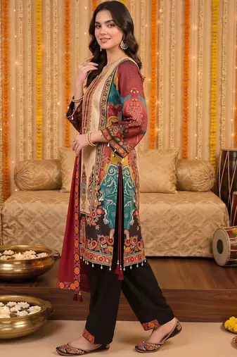 women ethnic motifs printed regular kurta with trousers & with dupatta