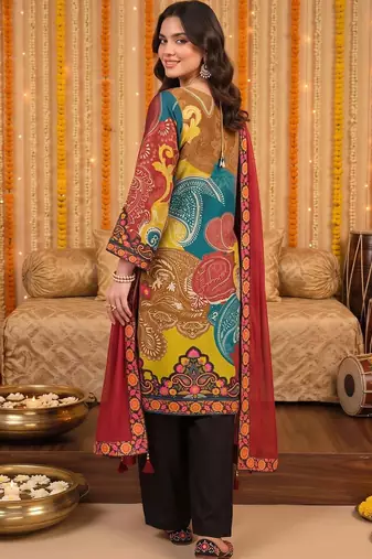 women ethnic motifs printed regular kurta with trousers & with dupatta