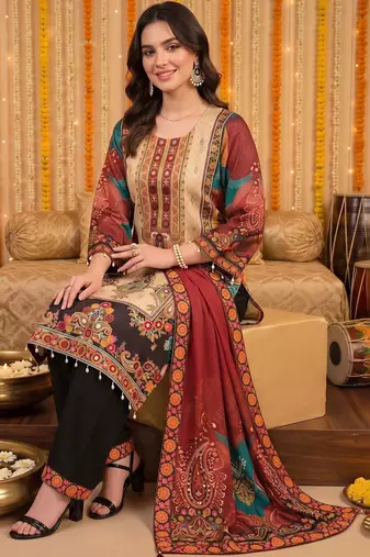 women ethnic motifs printed regular kurta with trousers & with dupatta