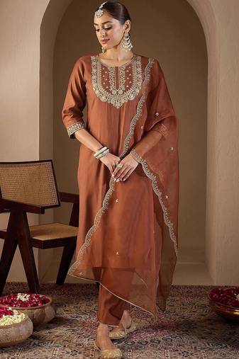 women ethnic motifs embroidered regular thread work liva kurta with trousers & with dupatta