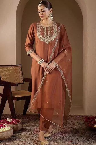 women ethnic motifs embroidered regular thread work liva kurta with trousers & with dupatta