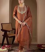 women ethnic motifs embroidered regular thread work liva kurta with trousers & with dupatta