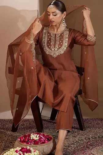 women ethnic motifs embroidered regular thread work liva kurta with trousers & with dupatta