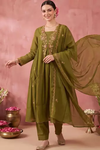 women ethnic motifs embroidered empire thread work kurta with trousers & with dupatta
