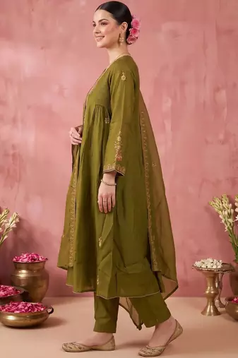 women ethnic motifs embroidered empire thread work kurta with trousers & with dupatta