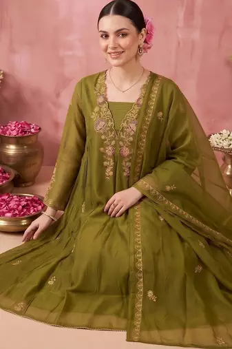 women ethnic motifs embroidered empire thread work kurta with trousers & with dupatta