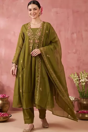 women ethnic motifs embroidered empire thread work kurta with trousers & with dupatta