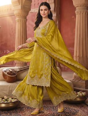 women ethnic motifs embroidered regular sequinned kurta with sharara & with dupatta 1