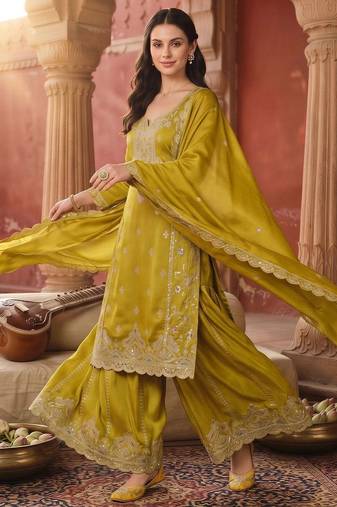 women ethnic motifs embroidered regular sequinned kurta with sharara & with dupatta