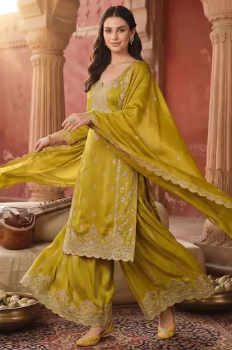 women ethnic motifs embroidered regular sequinned kurta with sharara & with dupatta