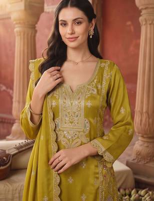 women ethnic motifs embroidered regular sequinned kurta with sharara & with dupatta 2