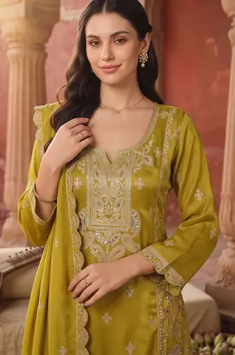 women ethnic motifs embroidered regular sequinned kurta with sharara & with dupatta