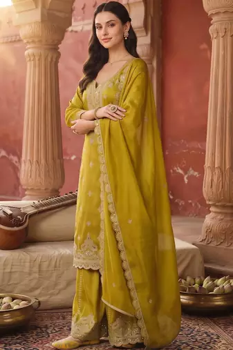 women ethnic motifs embroidered regular sequinned kurta with sharara & with dupatta