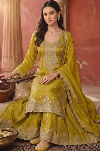 women ethnic motifs embroidered regular sequinned kurta with sharara & with dupatta