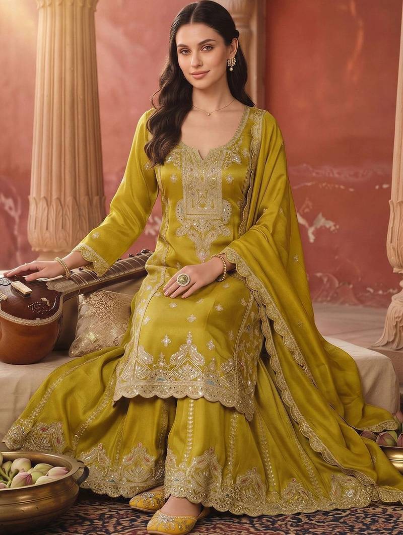 women ethnic motifs embroidered regular sequinned kurta with sharara & with dupatta