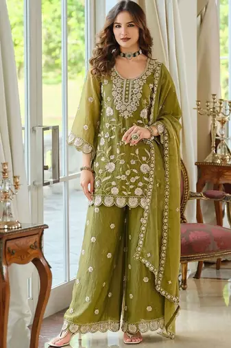 women ethnic motifs embroidered regular thread work kurta with palazzos & with dupatta