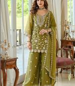 women ethnic motifs embroidered regular thread work kurta with palazzos & with dupatta