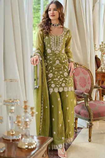 women ethnic motifs embroidered regular thread work kurta with palazzos & with dupatta