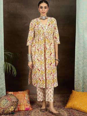 women floral printed empire cotton kurta with trousers & with dupatta 1