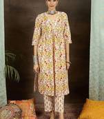women floral printed empire cotton kurta with trousers & with dupatta