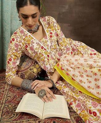 women floral printed empire cotton kurta with trousers & with dupatta 2